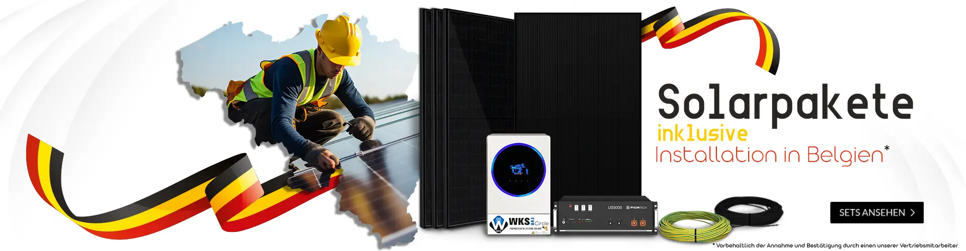 Solaranlage in Belgien mit Personen, die Solarmodule auf einem Dach installieren, Solarmaterial und belgische Flagge